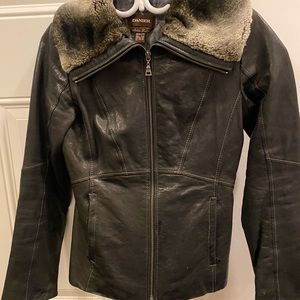 Black Danier leather coat with fur trim